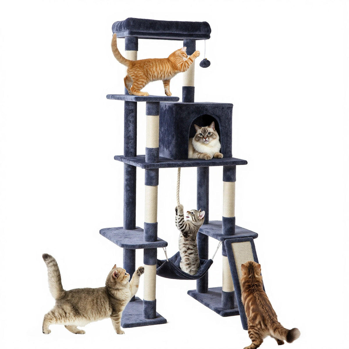Tall Wood Multi Cat Tree Natural Sisal Posts Sturdy Base