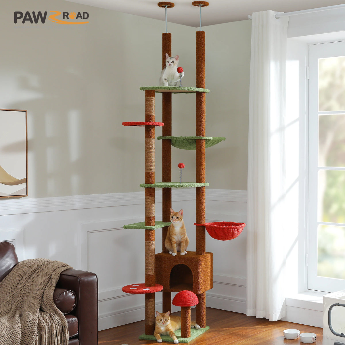 Height Adjustable Wooden Cat Tree With Hammock And Sisal Scratching Posts
