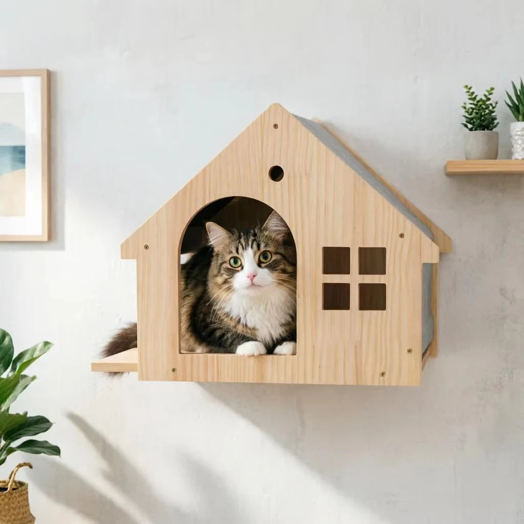 Wall Mounted Wooden Cat Condo And Climbing Shelf For Resting