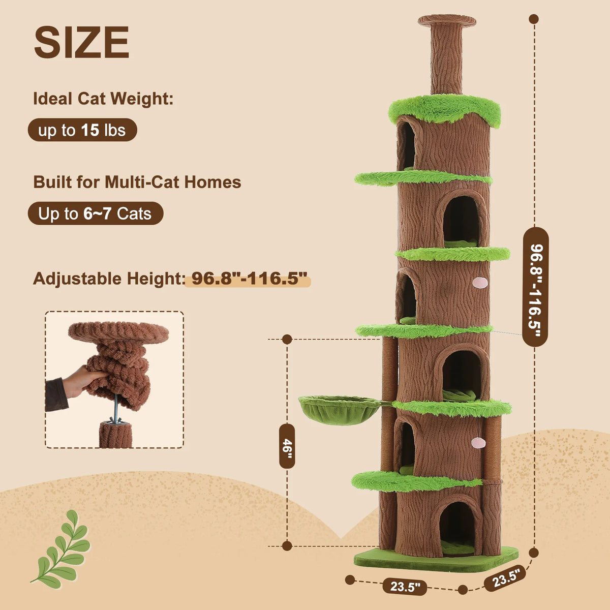 Floor To Ceiling Cat Tree With Sisal Scratching Posts And Hammock