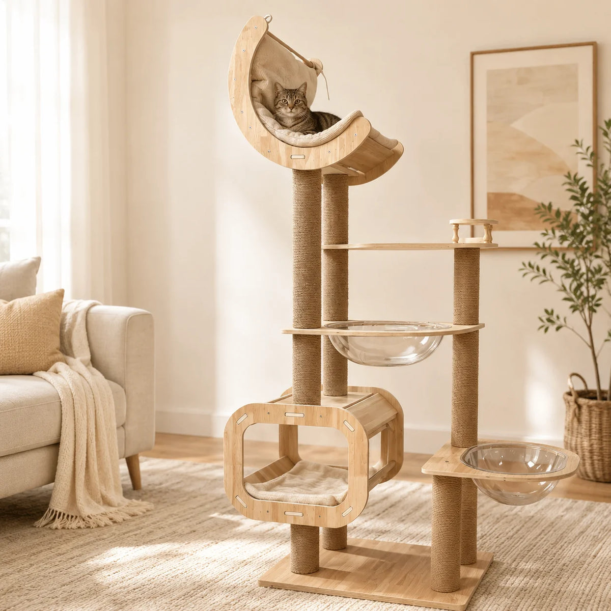 68.3 inch Multi-Level Wooden Cat Tree Tower with Moon Hammock, Sisal Scratching Posts, Clear Acrylic Bowl Beds and Cozy Cat Condo for Indoor Cats