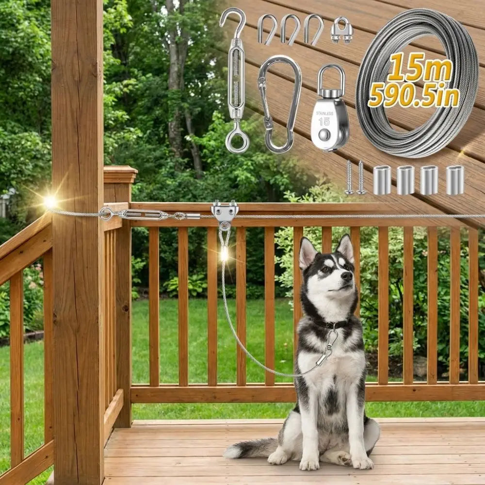 Outdoor Dog Tie Out Cable System With Rust Resistant Metal Trolley