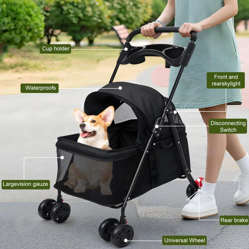 Puppy Carrier, Visible Window Breathable Mesh 4 Wheels Dog Cat Stroller, Outdoor Travel Pet Folding Stroller With Cup Holder