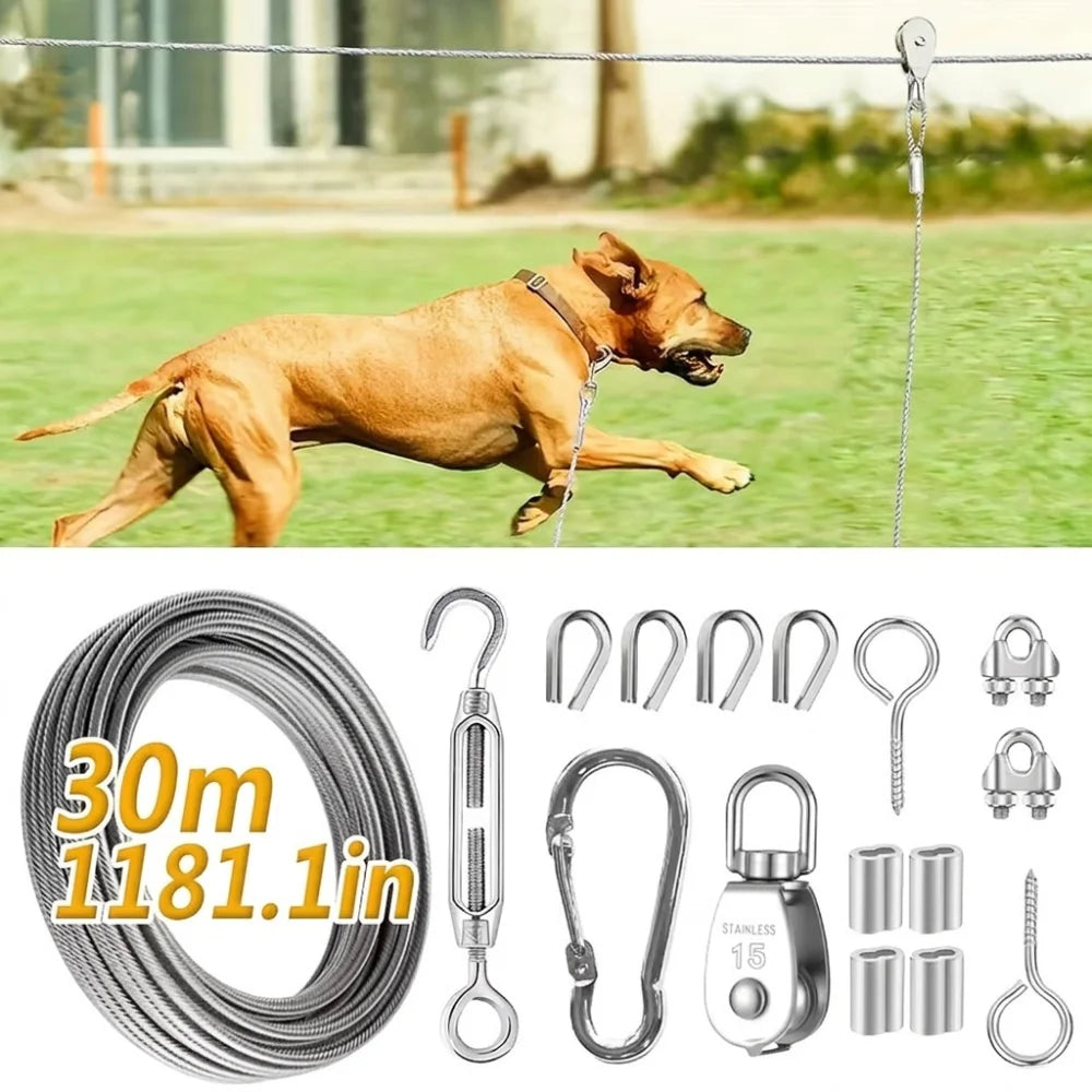 Outdoor Dog Tie Out Cable System With Rust Resistant Metal Trolley