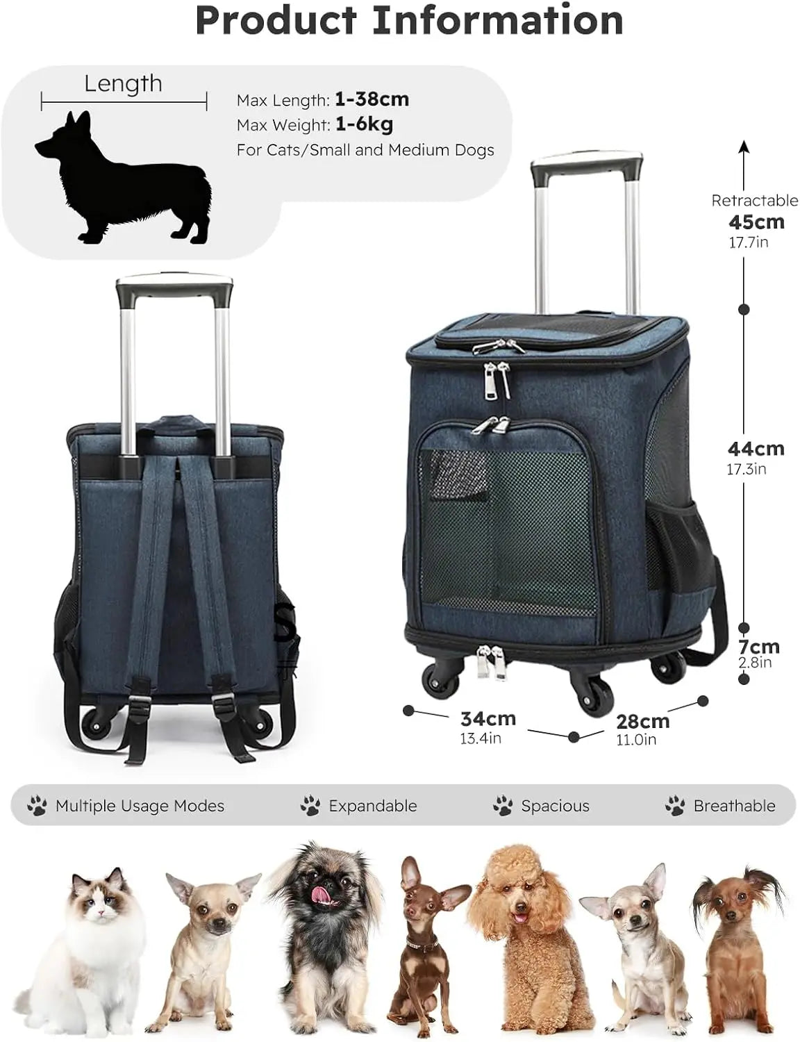 3-in-1 Wheeled Pet Carrier Backpack: Foldable Rolling Travel Carrier with 4-Sided Mesh Ventilation, Removable Pad & Airline Approved for Small Dogs and Cats
