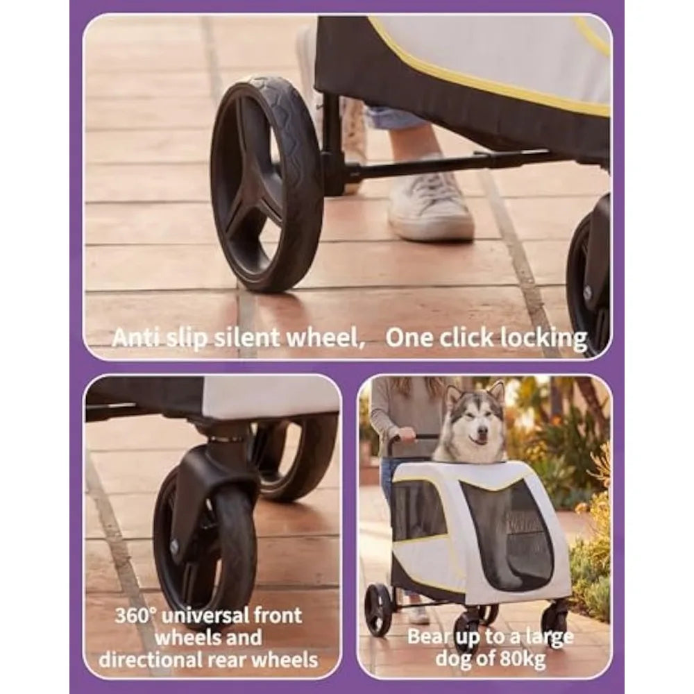 Portable Dog Stroller 4 Wheels for Large Dogs 176 Lbs Capacity Foldable Pet Cat Travel Carriage Stroller Breathable Carrier for Outside Park Play