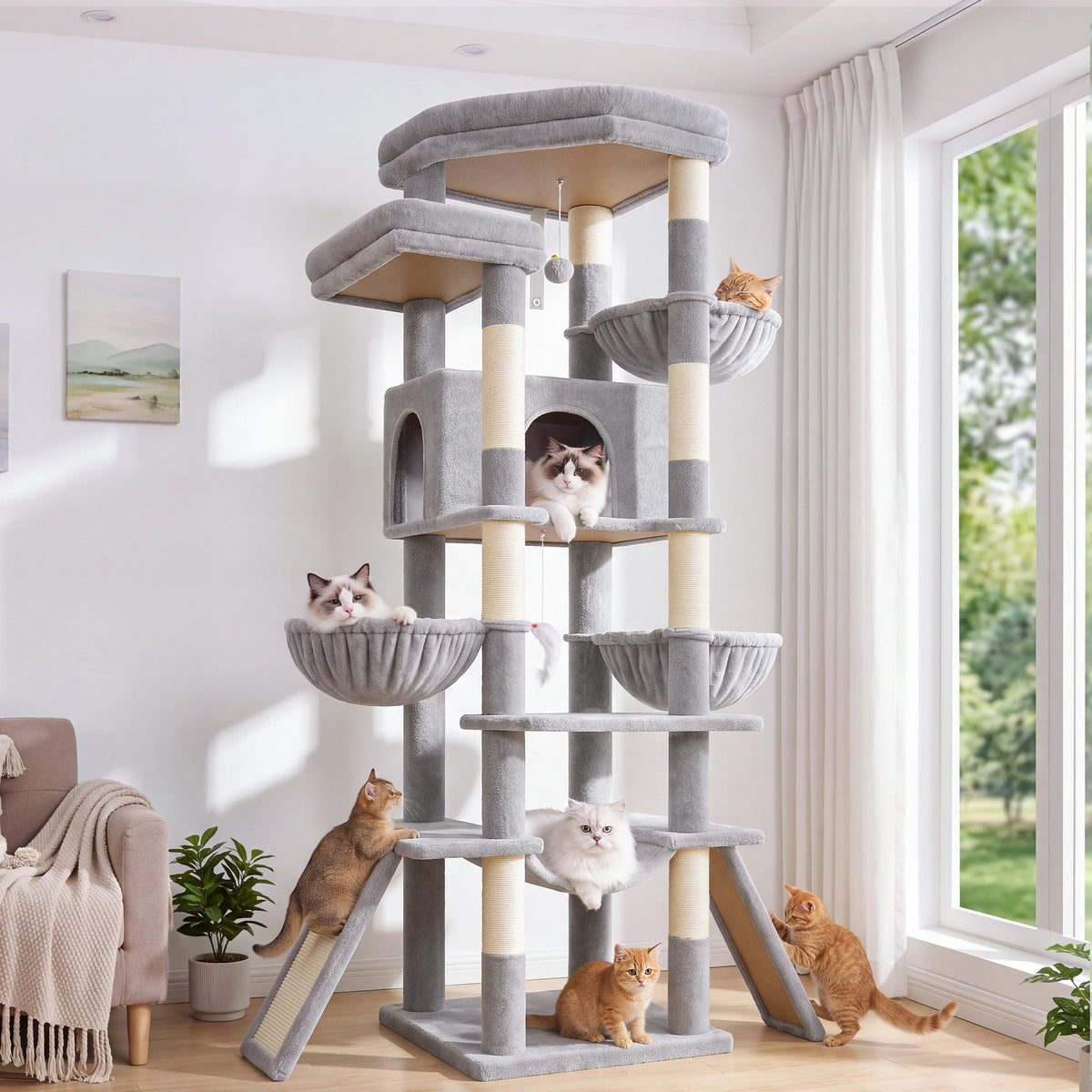 75 Inch Tall Cat Tree for Large Adult Cats, Sturdy Cat Tower with Condos, Hammocks, Sisal Scratching Posts and Boards Multi-Level