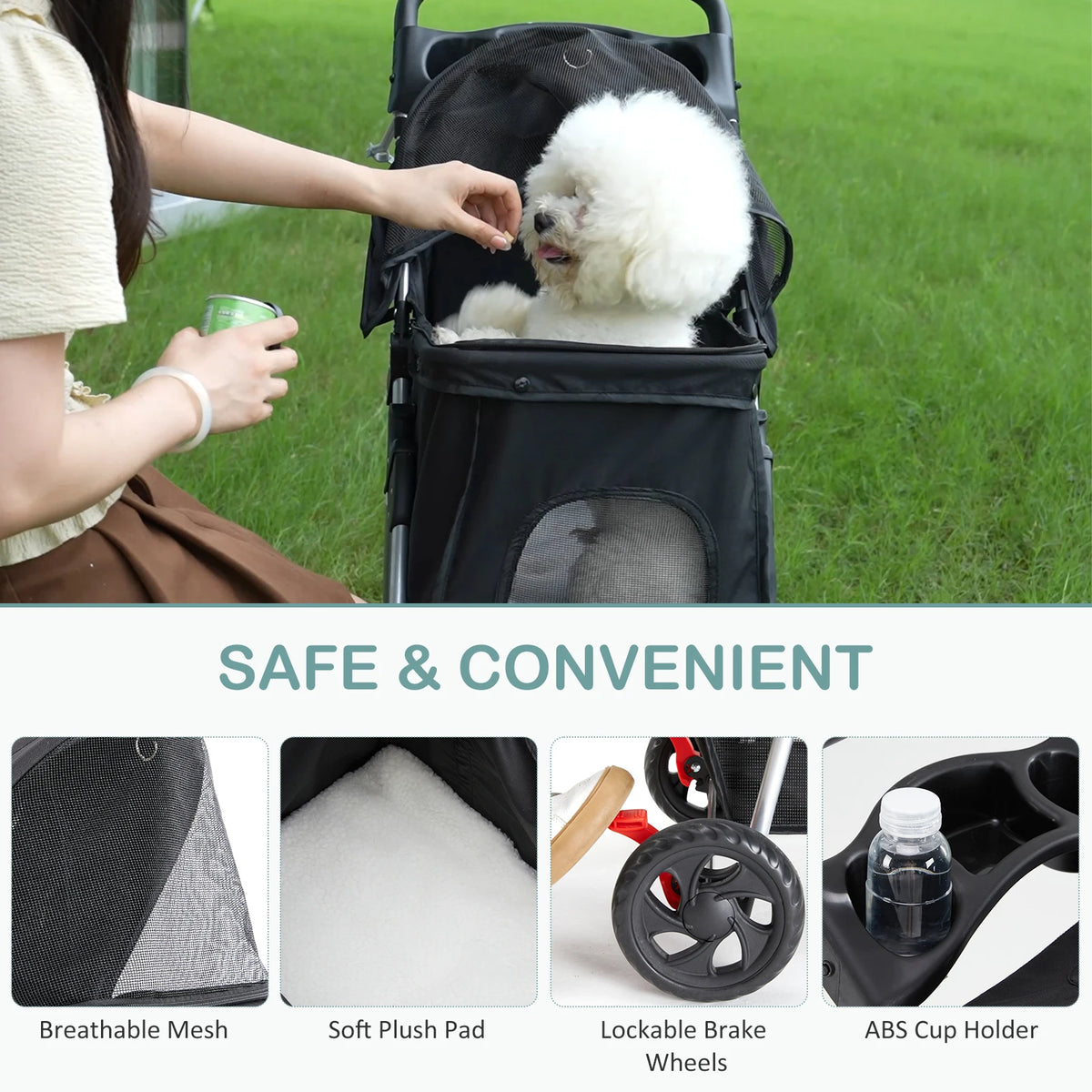 Foldable Three Wheel Pet Stroller With Mesh Windows And Storage Basket