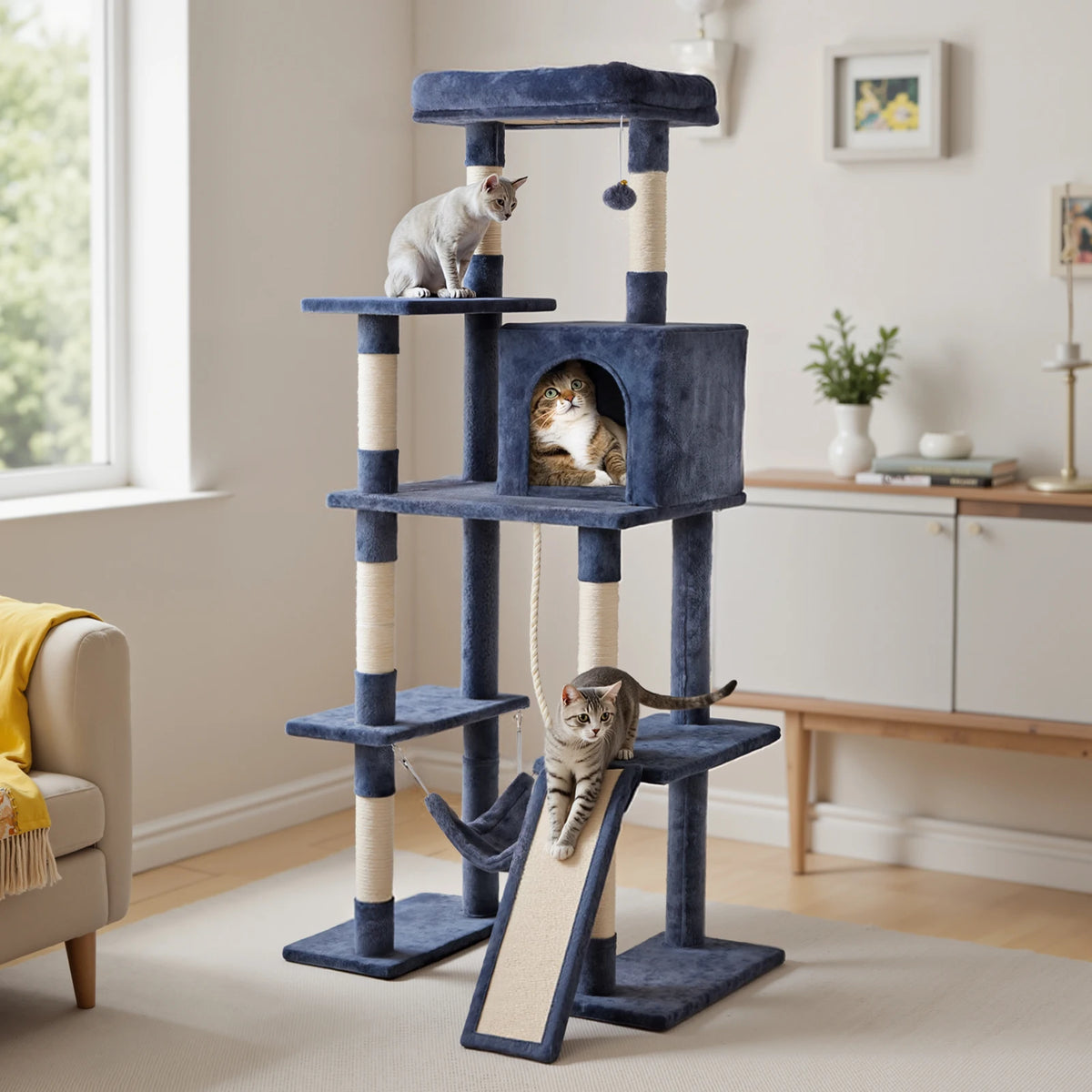 Tall Wood Multi Cat Tree Natural Sisal Posts Sturdy Base