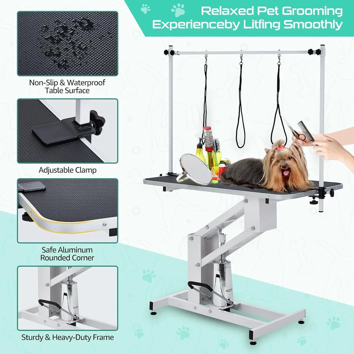 43.3" Electric Pet Grooming Table 350 LBS Heavy Duty Dog Grooming Arm for Large Dog Salon-Grade Pet Height Adjustable Grooming Station Slip Tabletop
