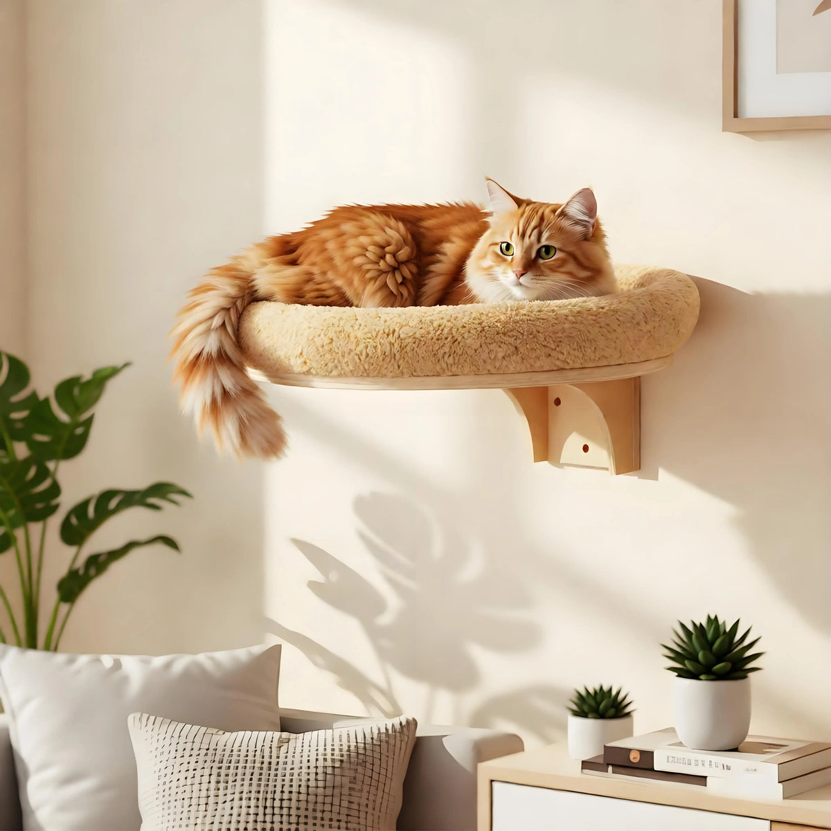 Wall Mounted Solid Wood Cat Shelf With Ladder Hammock And Scratch Post