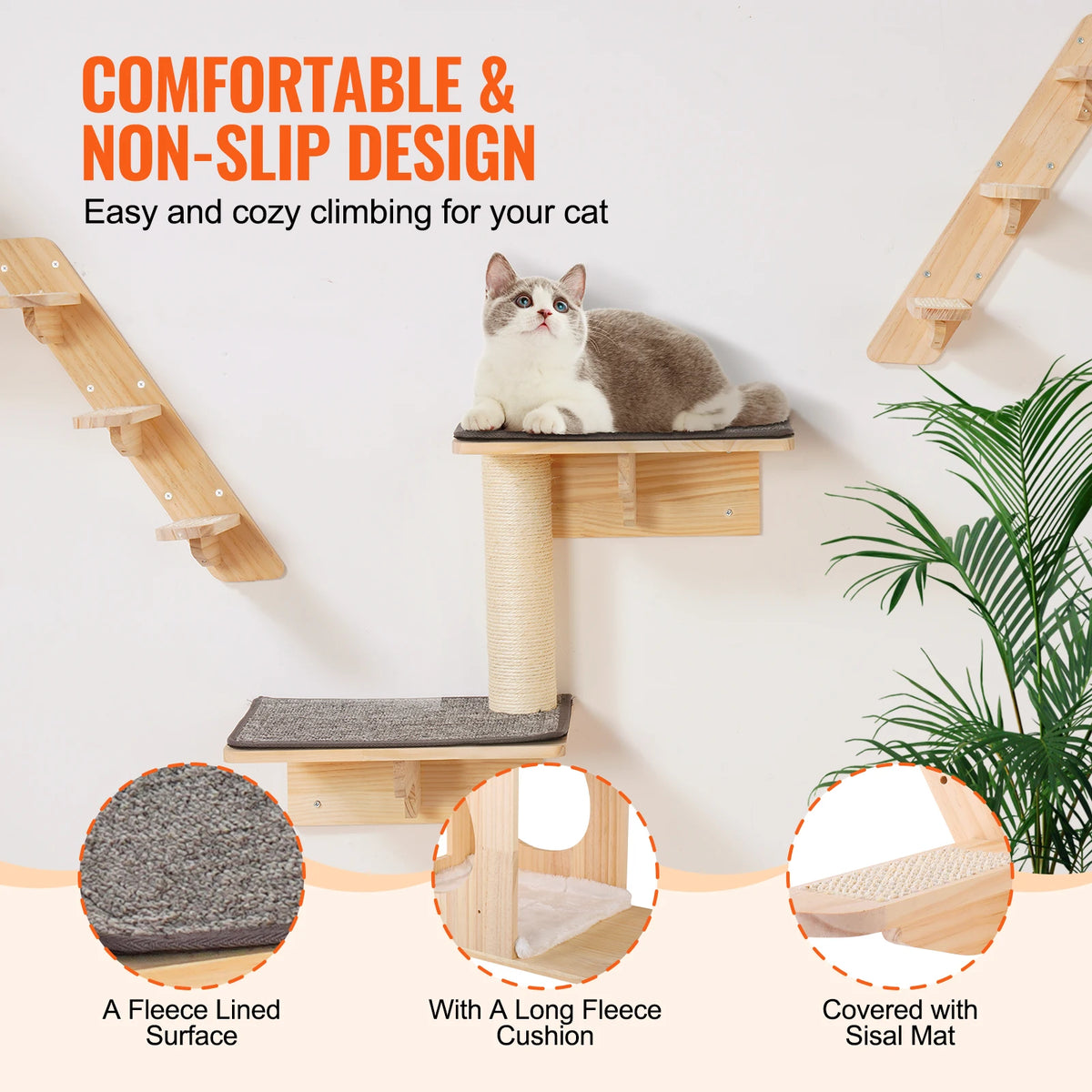 Dual Tier Wooden Wall Mounted Cat Shelves With Jumping Board Platform