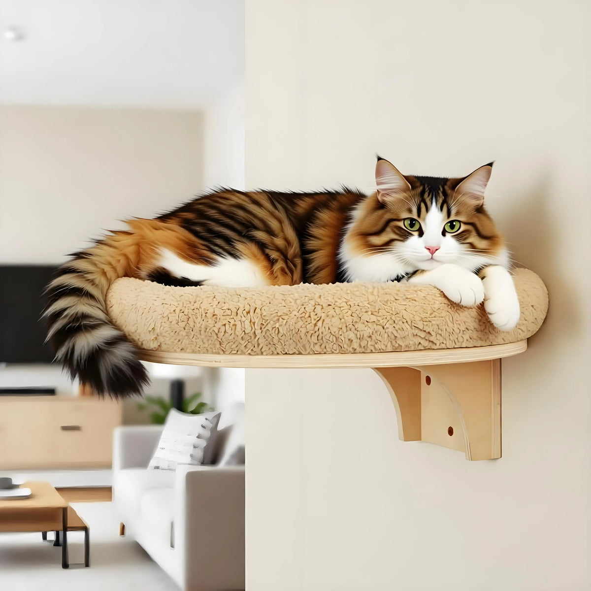 Wall Mounted Solid Wood Cat Shelf With Ladder Hammock And Scratch Post