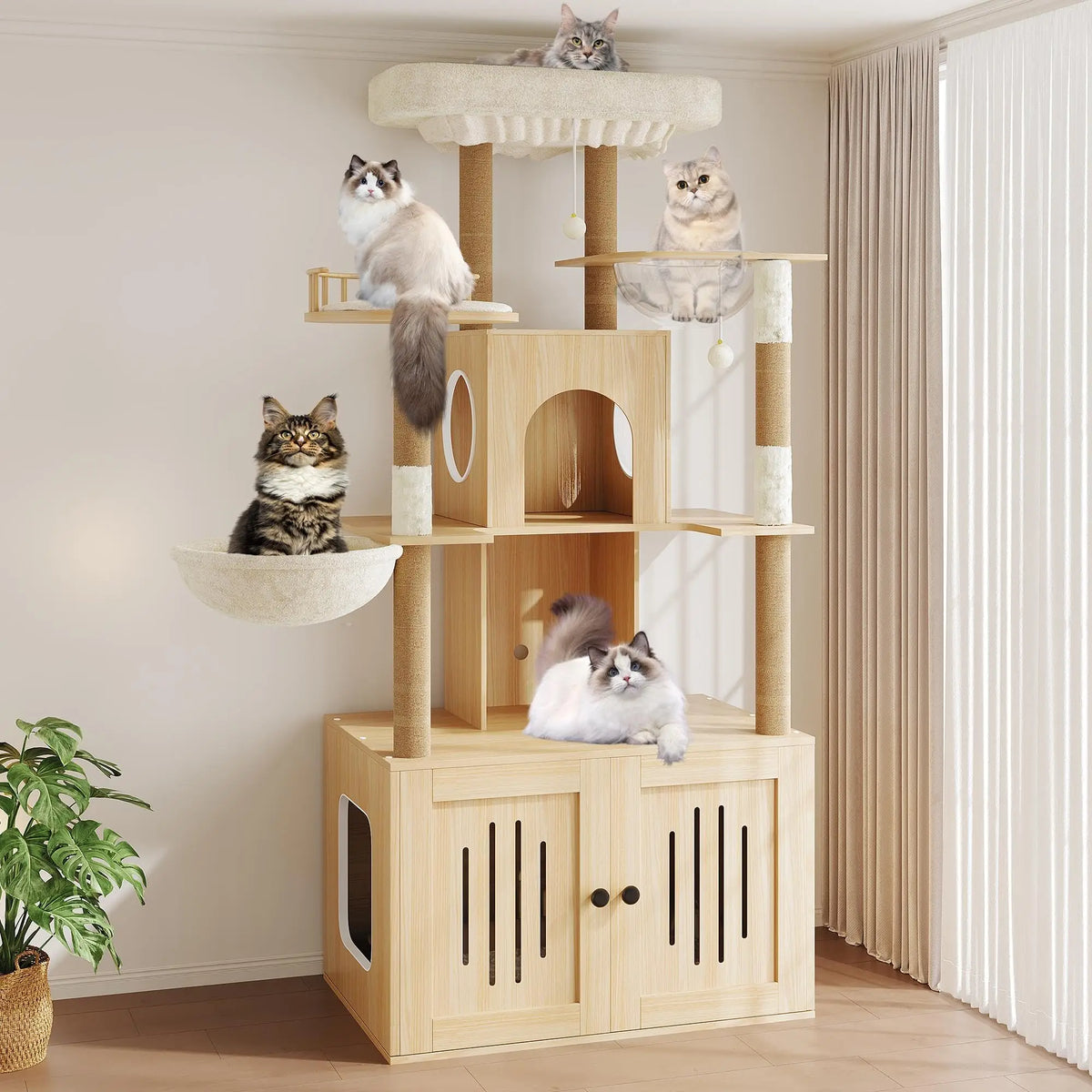 Multi-Level Cat Tree With Hidden Litter Box Enclosure And Scratching Posts