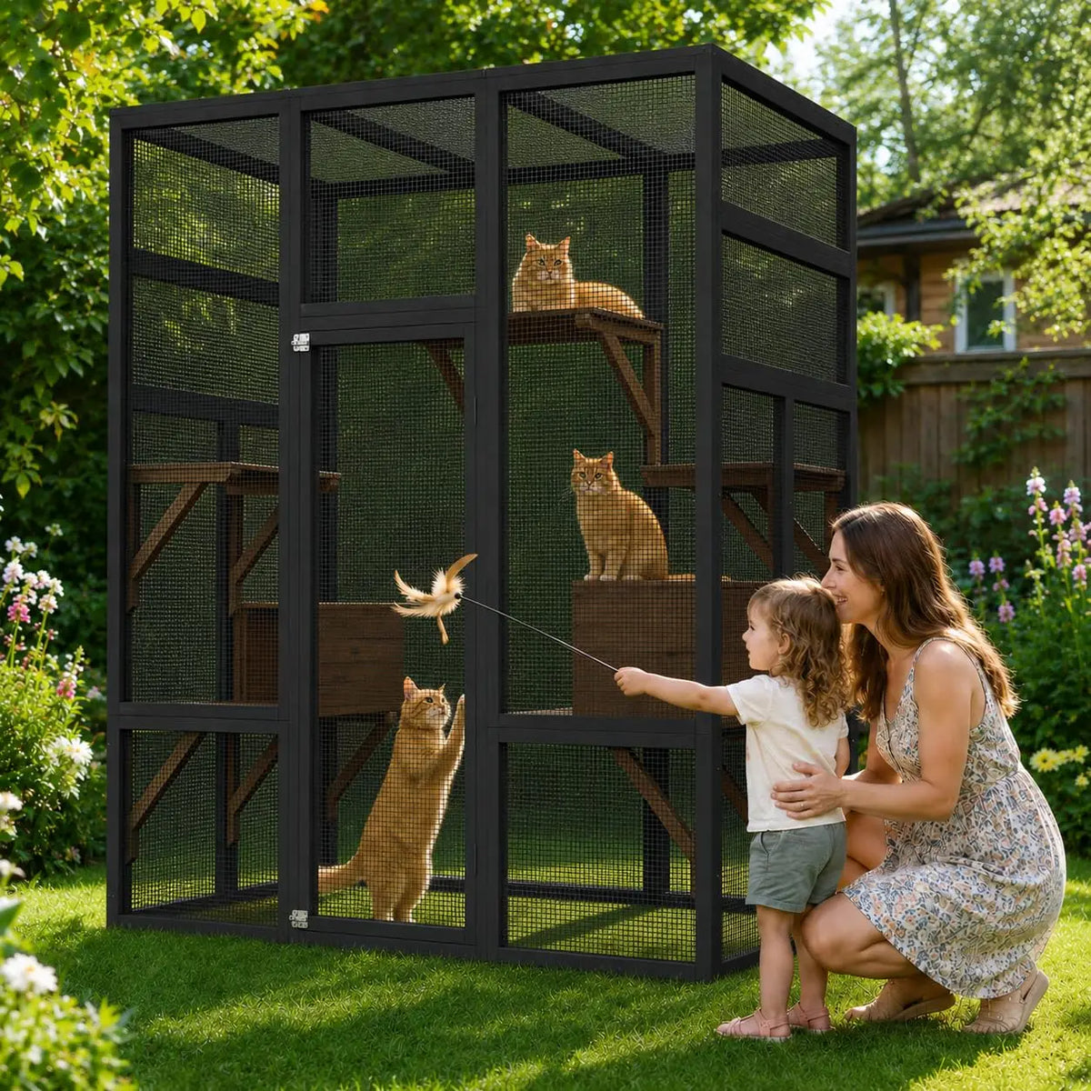 Outdoor Wooden Cat Enclosure With Weatherproof Roof And Multi Level Perches