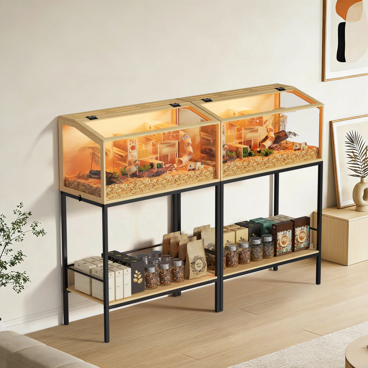 Spacious Wooden Hamster Cage With Clear Glass And LED Lighting