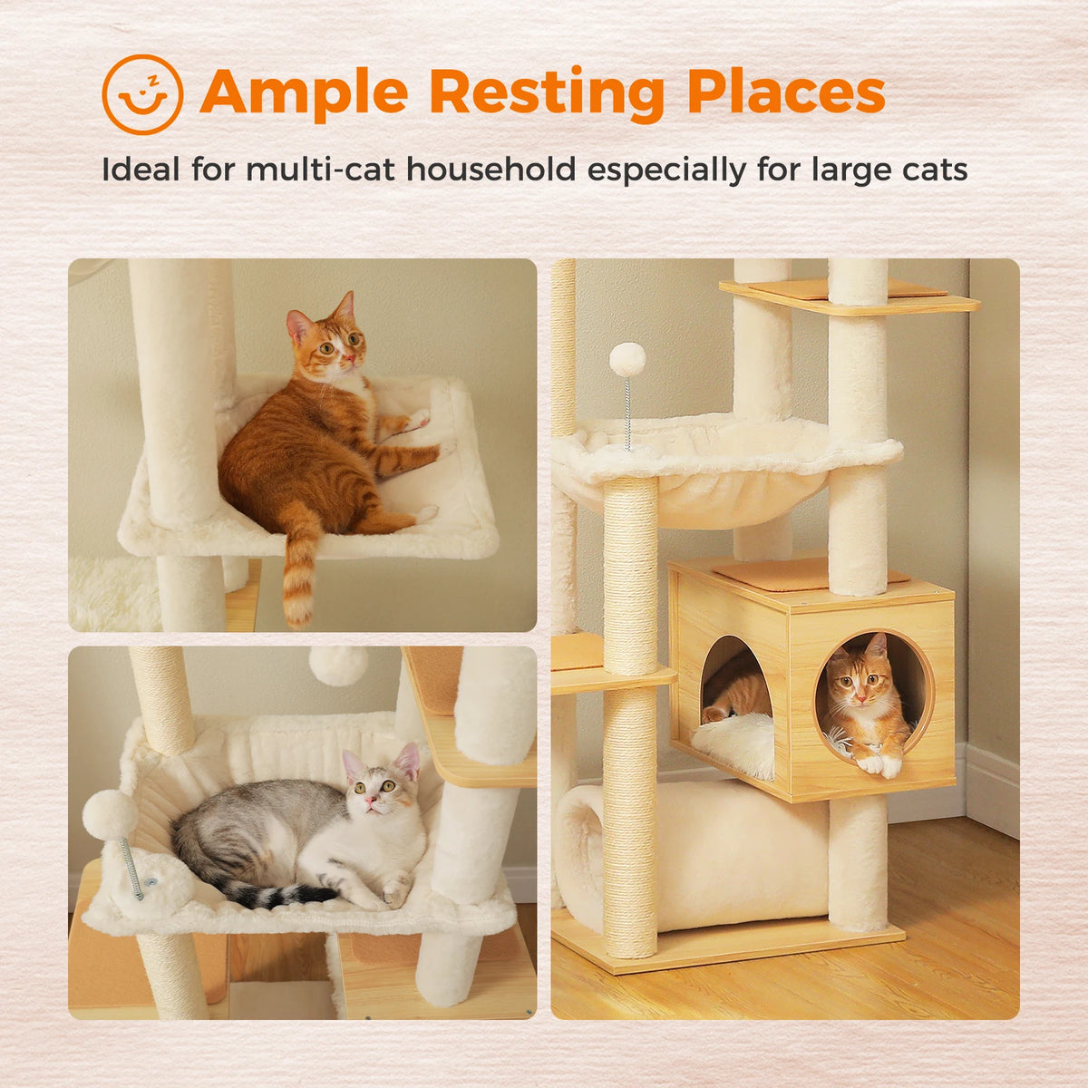 Height Adjustable Wooden Cat Tree With Hammock And Sisal Scratching Posts