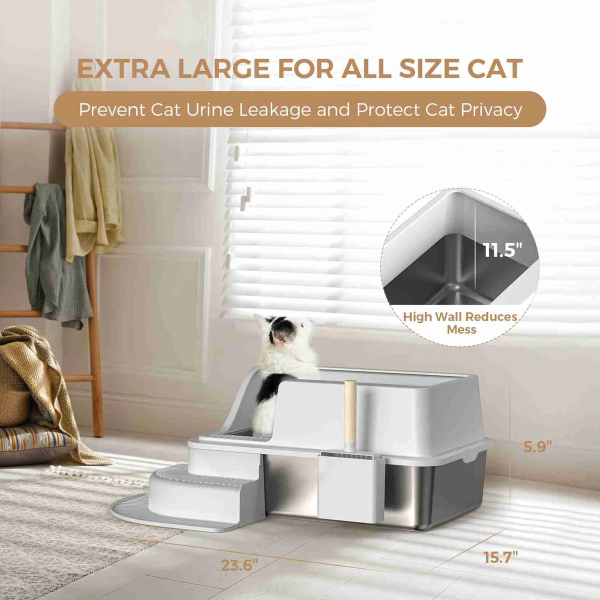 Stainless Steel Semi Enclosed Cat Litter Box With Ladder Walkway And Scoop