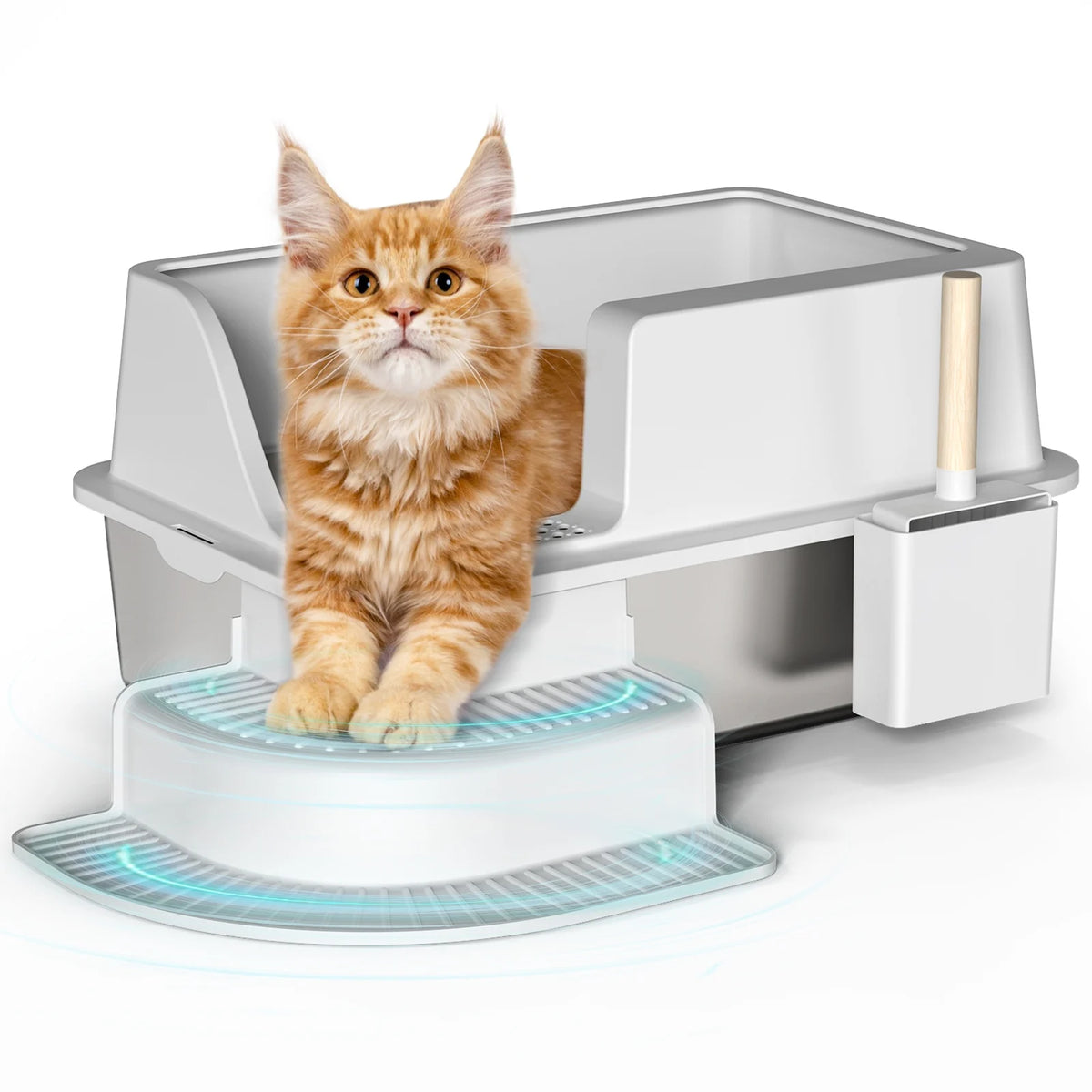 Stainless Steel Semi Enclosed Cat Litter Box With Ladder Walkway And Scoop