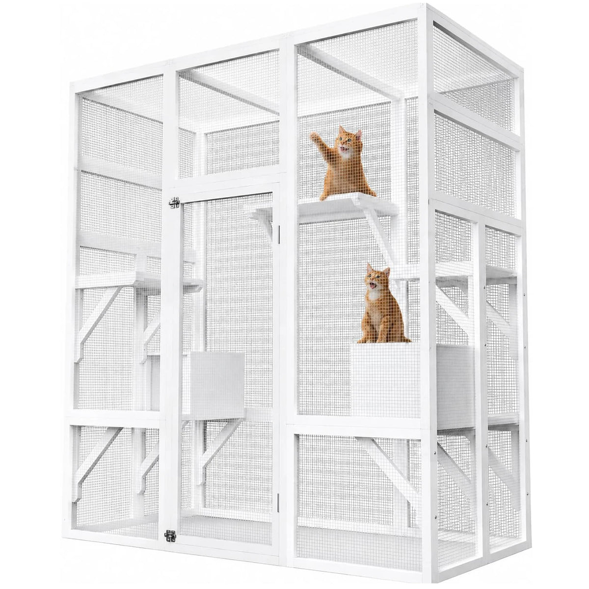 Outdoor Wooden Cat Enclosure With Weatherproof Roof And Multi Level Perches