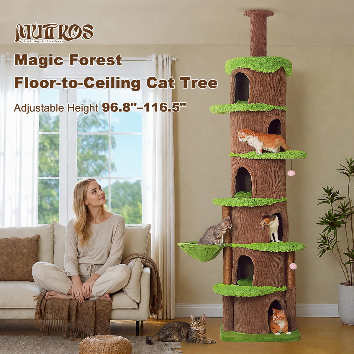 Floor To Ceiling Cat Tree With Sisal Scratching Posts And Hammock