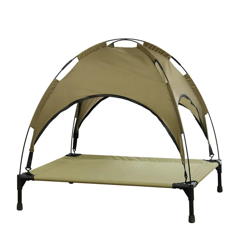 Detachable Sunshade Tent Raised Pet Bed UV Block Waterproof Canopy Breathable Ventilated Mesh Surface Sturdy Metal Support Frame Off-ground Anti-moisture Elevated Dog Cat Bed Outdoor Lawn Camping Anti-sun Sleeping Bed For Sma