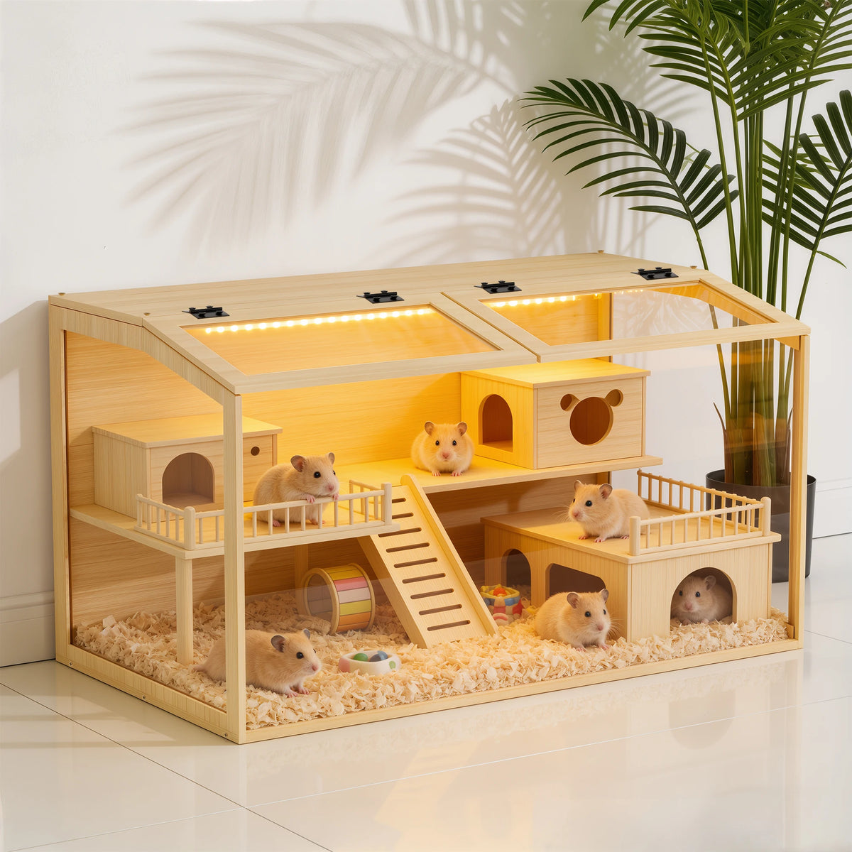 Spacious Wooden Hamster Cage With Clear Glass And LED Lighting