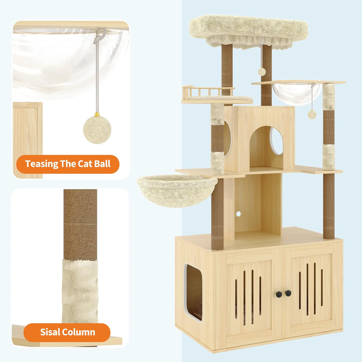 Multi-Level Cat Tree With Hidden Litter Box Enclosure And Scratching Posts