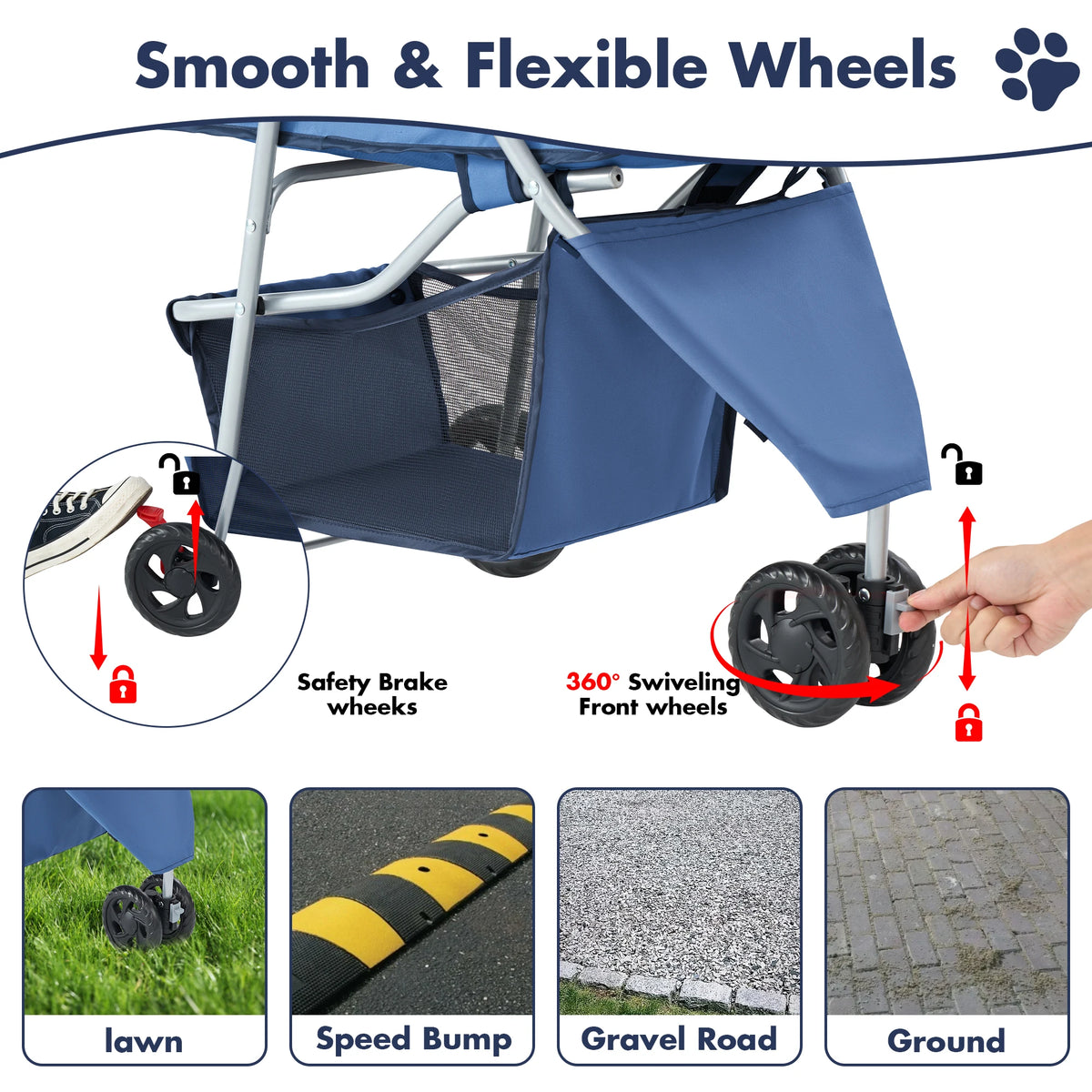 Foldable Three Wheel Pet Stroller With Mesh Windows And Storage Basket