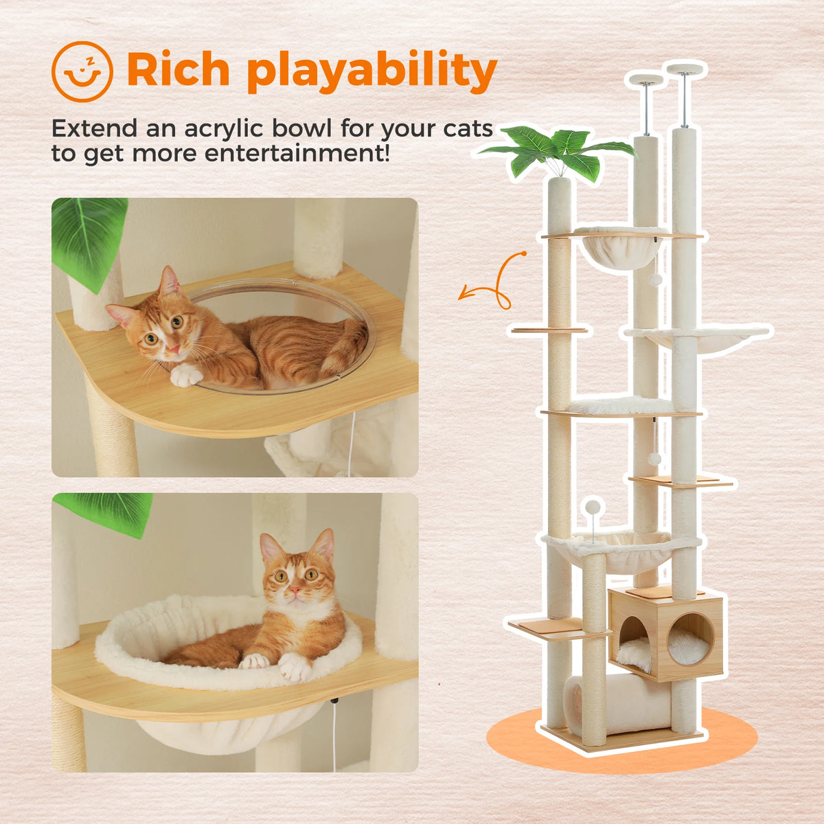 Height Adjustable Wooden Cat Tree With Hammock And Sisal Scratching Posts