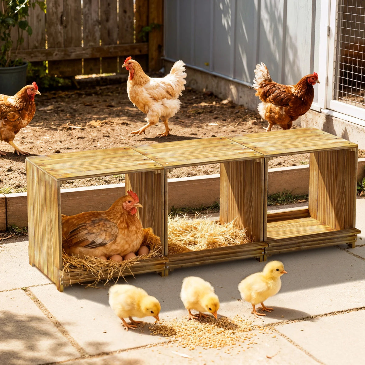 Three Compartment Pine Wood Chicken Nesting Box With Tray
