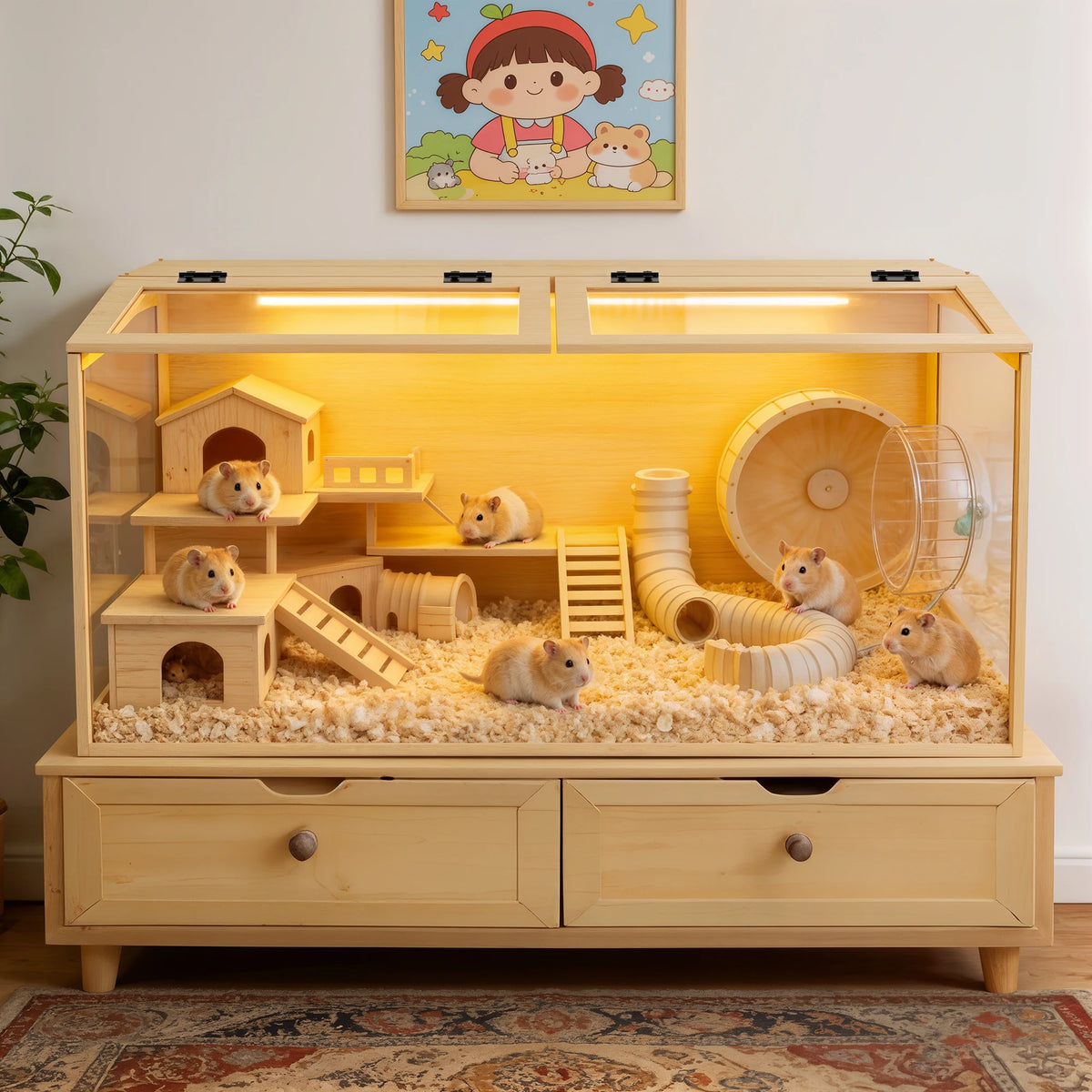 Spacious Wooden Hamster Cage With Clear Glass And LED Lighting