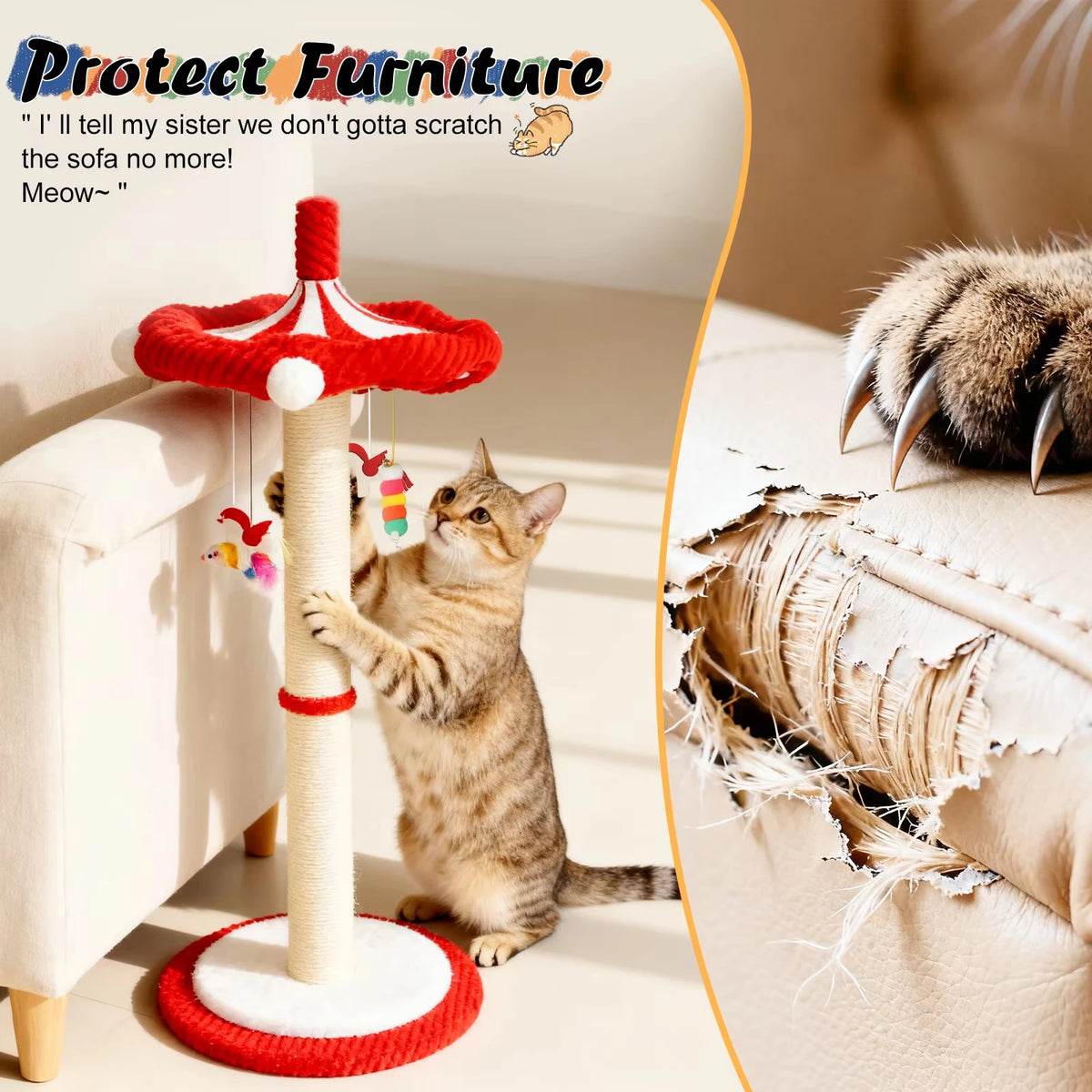 Rotating Carousel Cat Scratching Tower With Hanging Toys