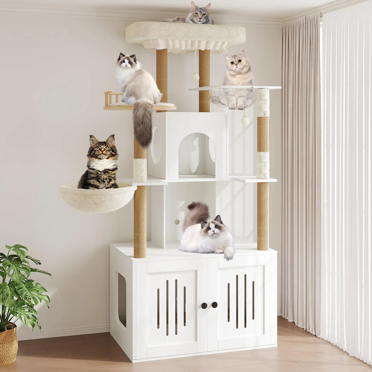 Multi-Level Cat Tree With Hidden Litter Box Enclosure And Scratching Posts