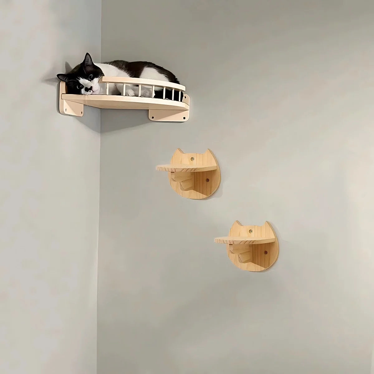 Wall Mounted Pine Wood Cat Hammock Set With Steps For Indoor Cats