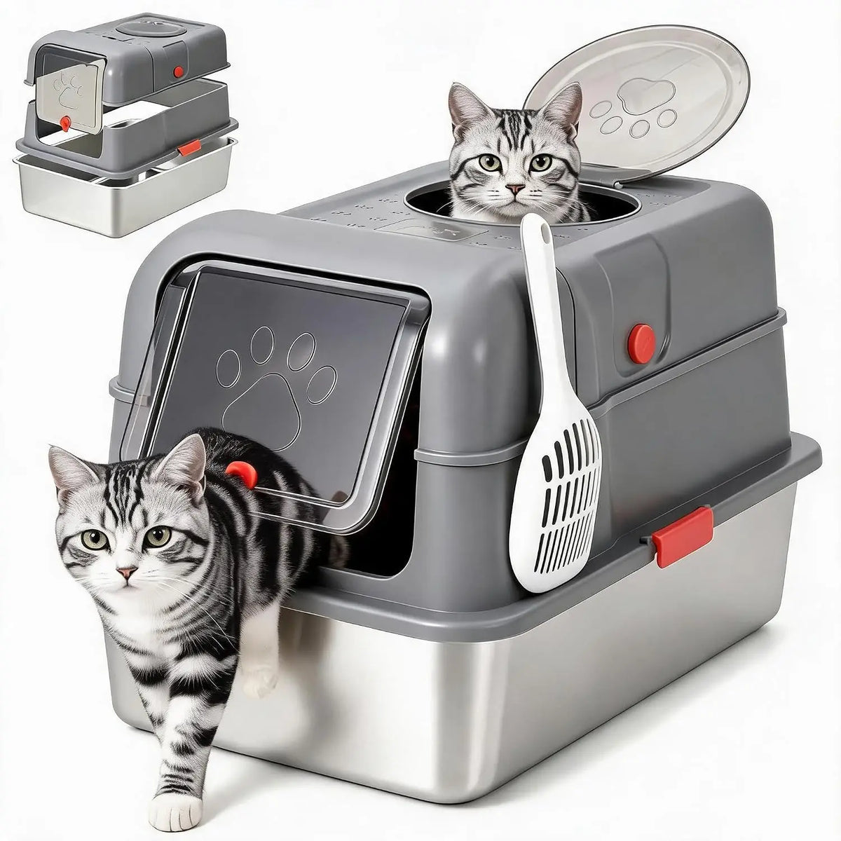 Extra Large Stainless Steel Litter Box with Lid, Non‑Stick Black Covered Metal Cat Litter Box, Dual‑Entry Odor‑Resistant Enclosed Cat Toilet for Indoor Cats, Kittens & Multi‑Cat Households