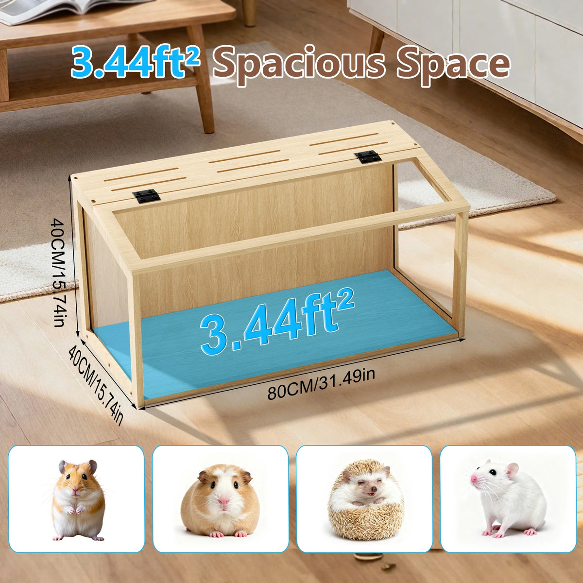 Spacious Wooden Hamster Cage With Clear Glass And LED Lighting