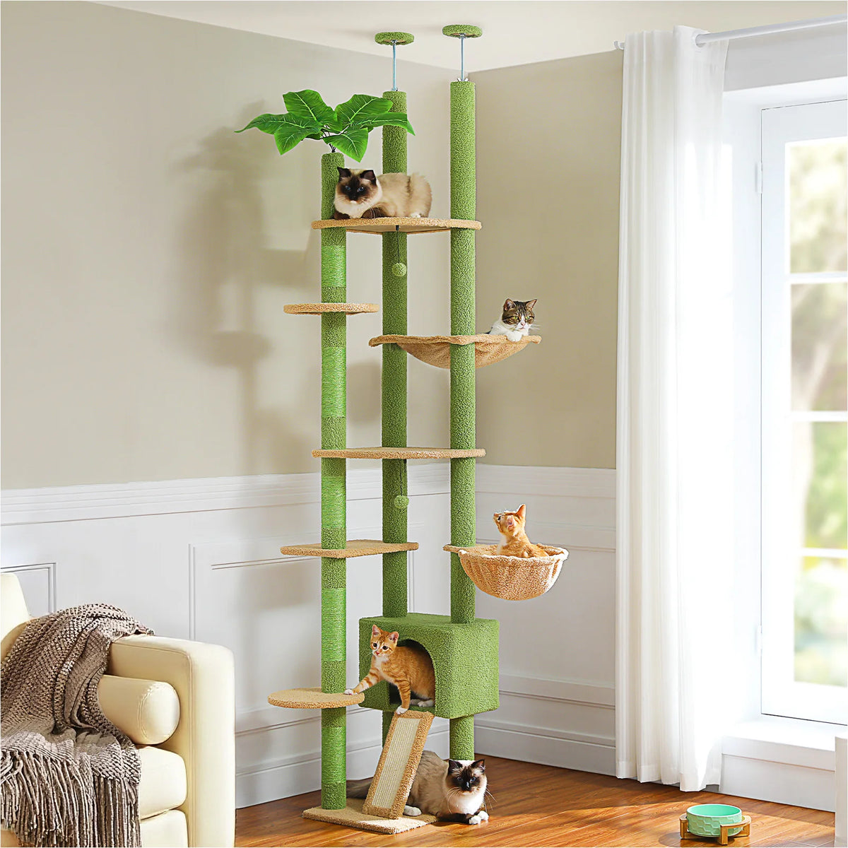 Height Adjustable Wooden Cat Tree With Hammock And Sisal Scratching Posts