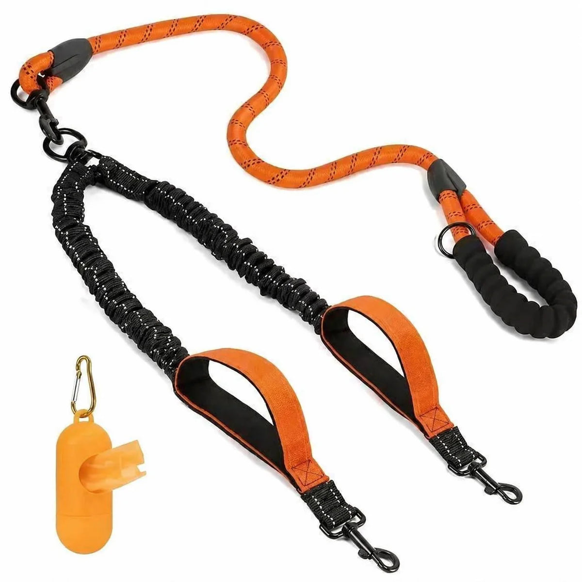Reflective Double Dog Leash With Two Handles Non Tangle Shock Absorbing