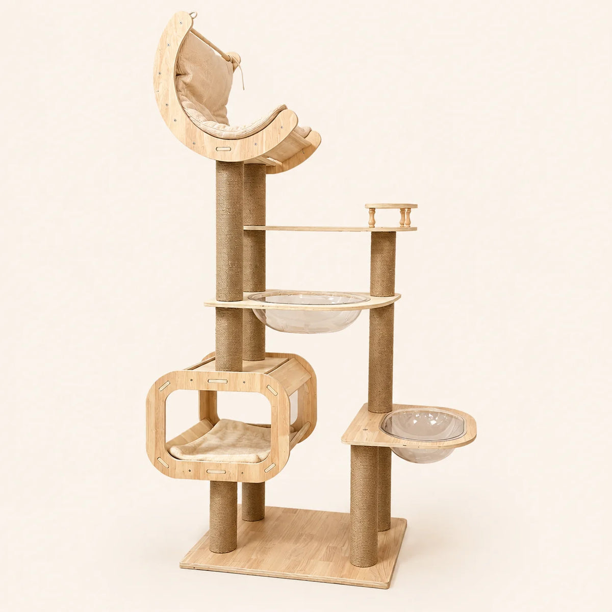 68.3 inch Multi-Level Wooden Cat Tree Tower with Moon Hammock, Sisal Scratching Posts, Clear Acrylic Bowl Beds and Cozy Cat Condo for Indoor Cats