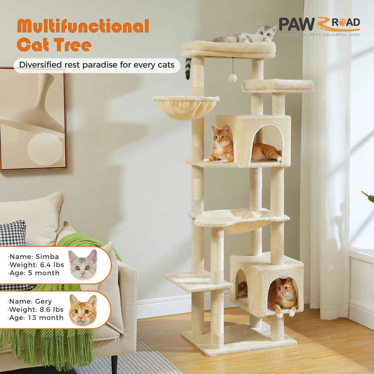 Tall Cat Tree With Large Hammock And Scratching Posts Indoor Tower