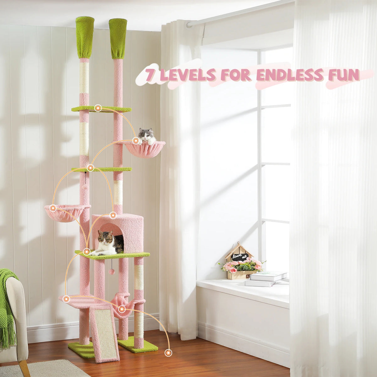 Cactus Cat Tree Floor To Ceiling Tower With Hammocks And Condos