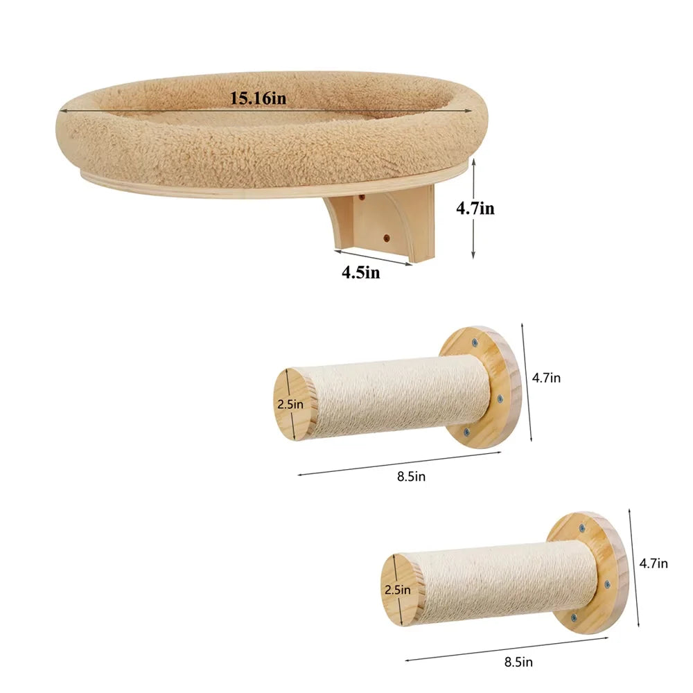 Cat Wall Mounted Wooden Hammock With Scratching Post And Climbing Ladder