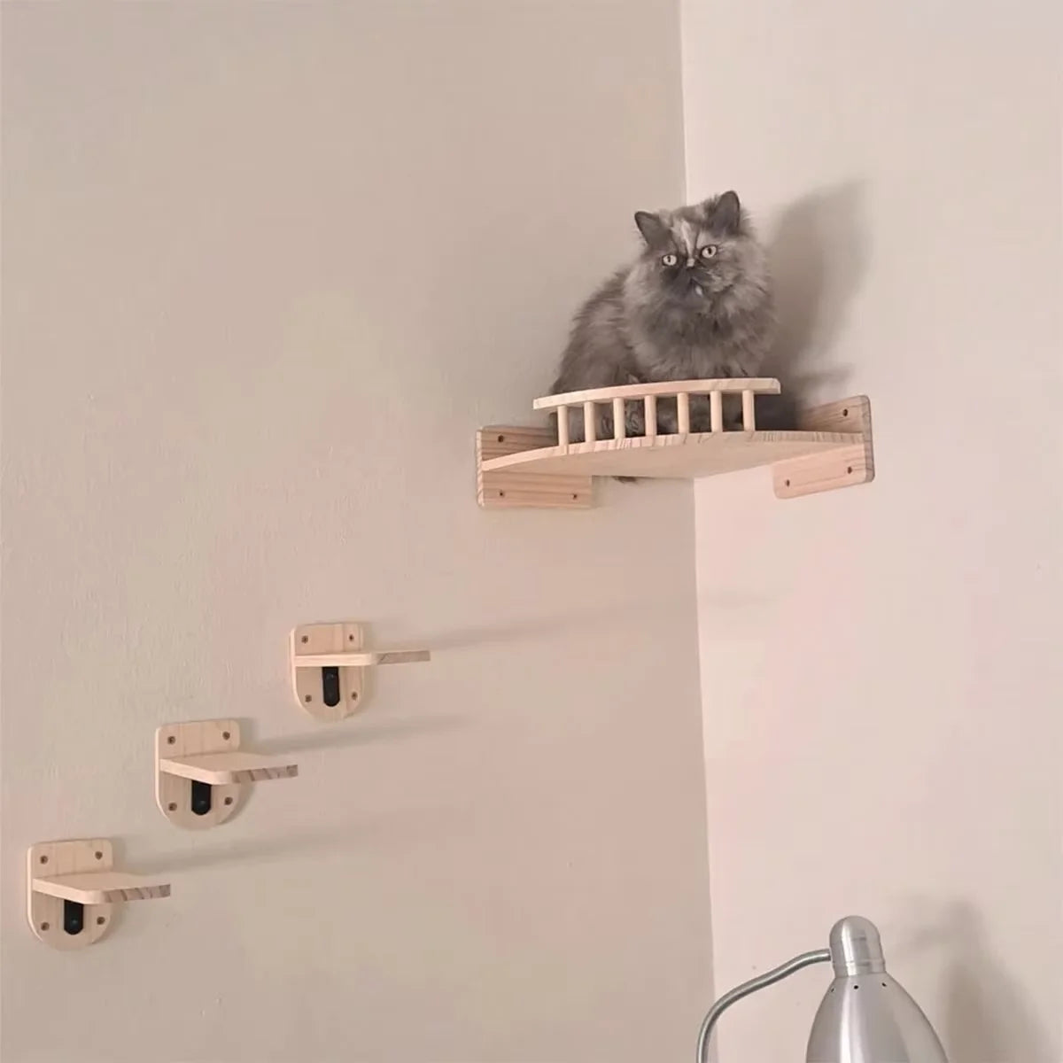 Wall Mounted Pine Wood Cat Hammock Set With Steps For Indoor Cats