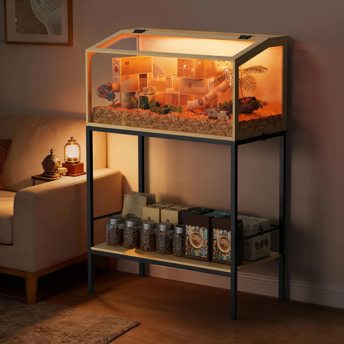 Spacious Wooden Hamster Cage With Clear Glass And LED Lighting