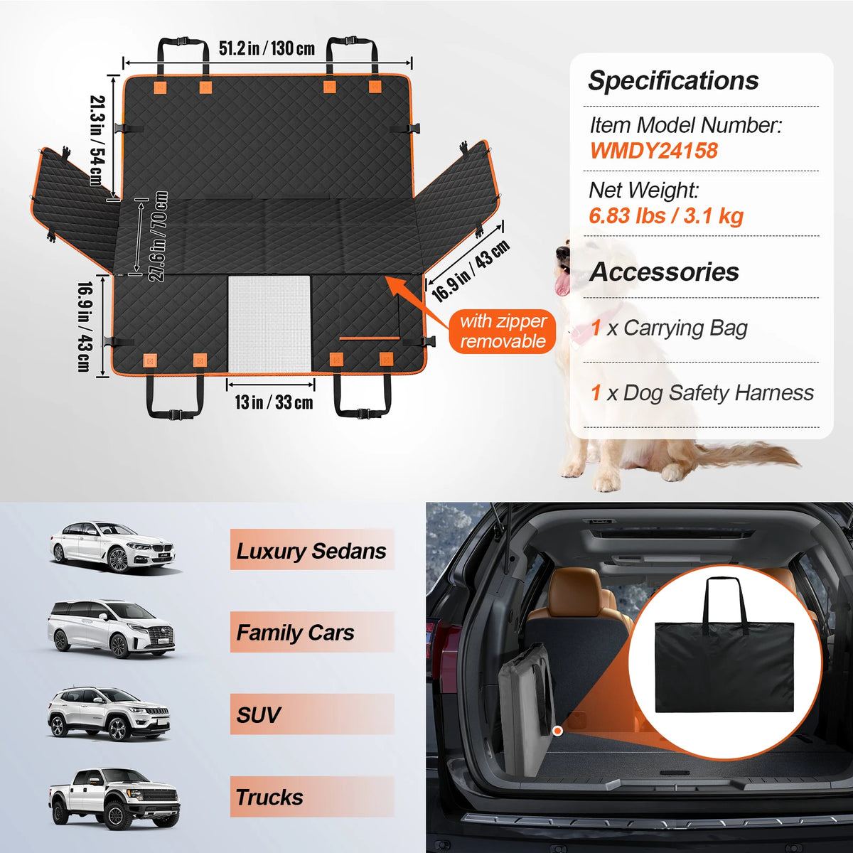 Dog Back Seat Extender Hammock With Mesh Window And Storage Pocket Support