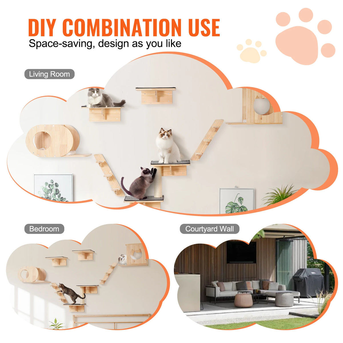 Dual Tier Wooden Wall Mounted Cat Shelves With Jumping Board Platform