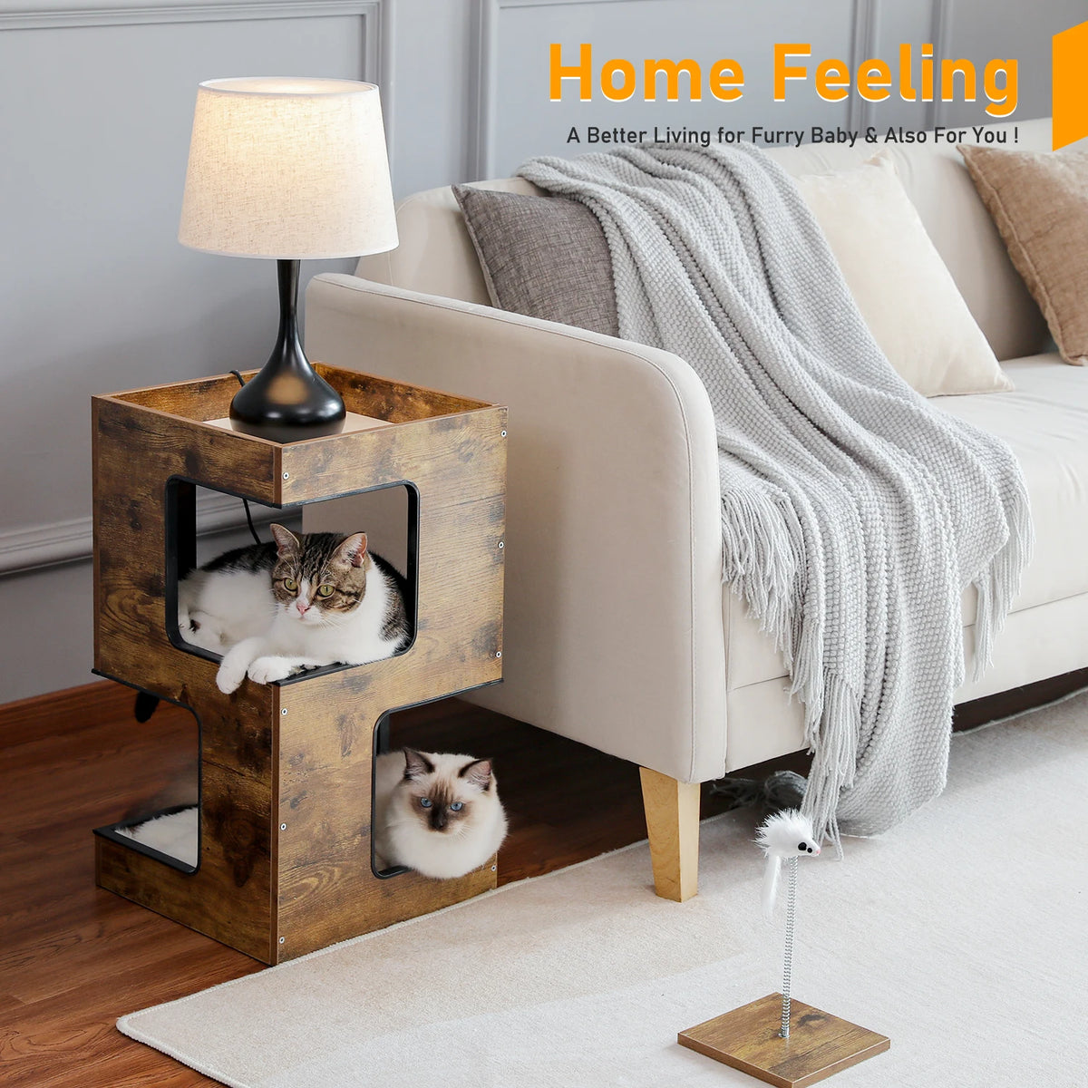 Modern Wood Cat Condo House With Removable Mats And Scratching Post