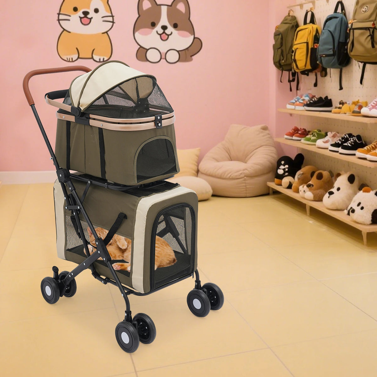 Dual Tier Foldable Pet Stroller With Sunshade And Secure Locks For Walking