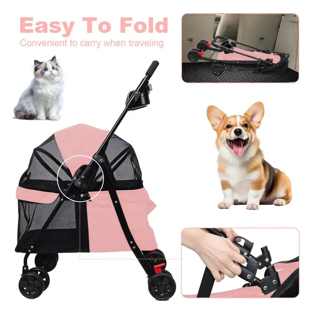 Puppy Carrier, Visible Window Breathable Mesh 4 Wheels Dog Cat Stroller, Outdoor Travel Pet Folding Stroller With Cup Holder